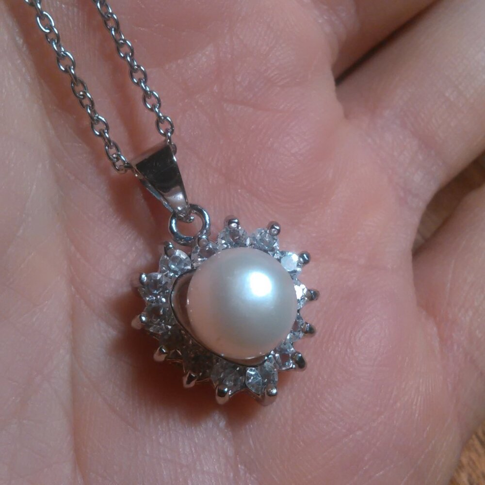 White Pearl and White Austrian Crystal Silvertone Heart Pendant Necklace